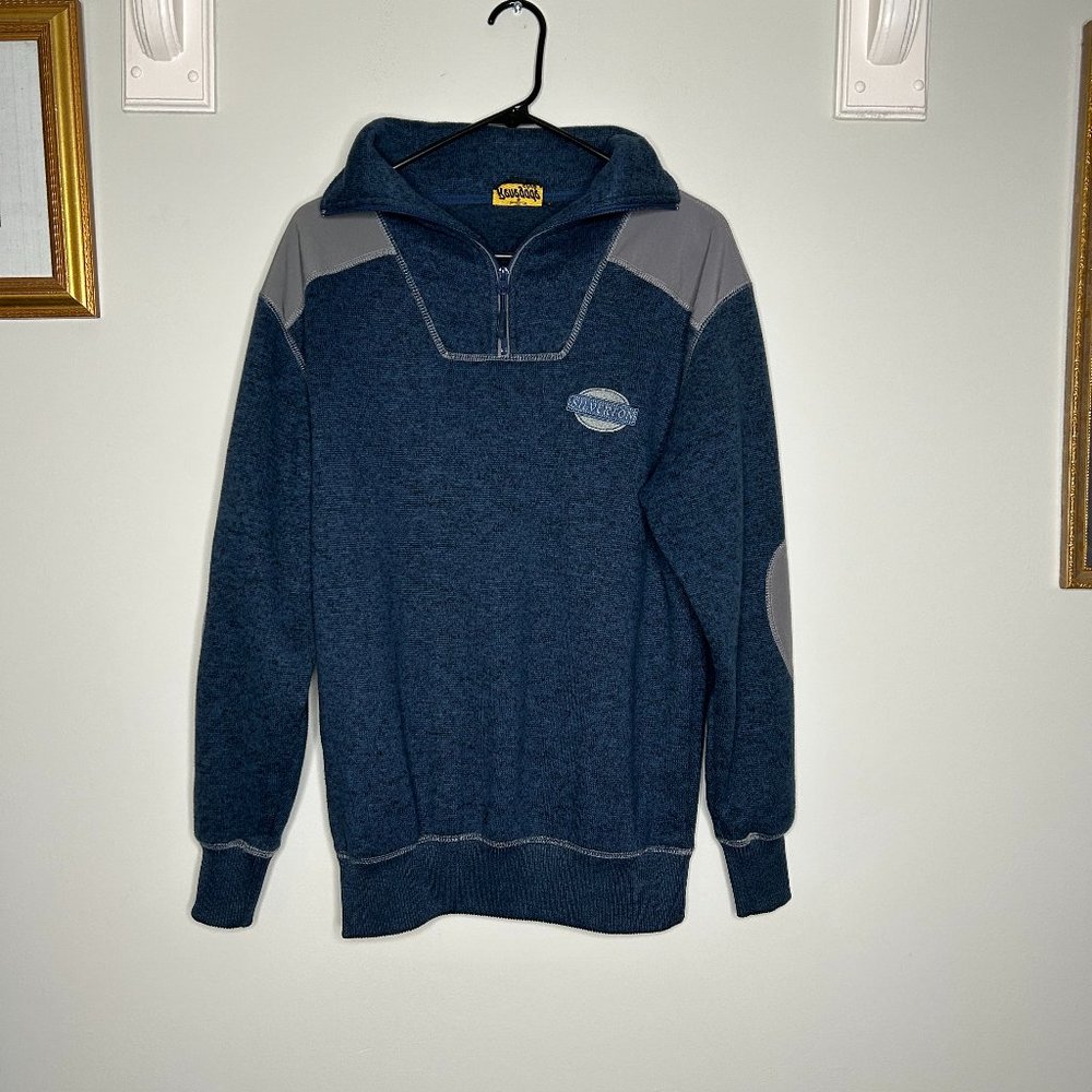 Renegade Club Men’s Sweater Fleece Pullover Small Blue w/ Gray Patches Half Zip